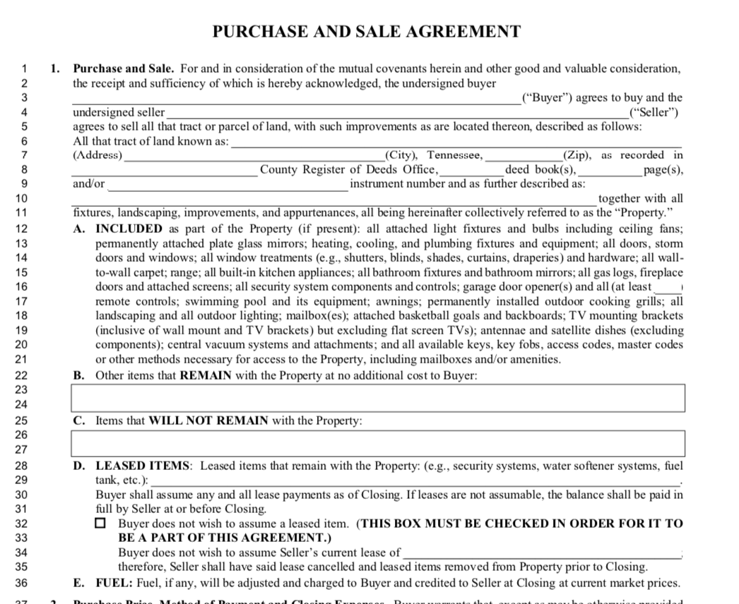 Tennessee Purchase and Sale Agreement Section 1.